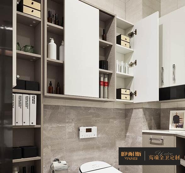 掛墻式浴室柜設(shè)計，精致的雕刻增添了優(yōu)雅和魅力。兩個開放式貨架解決“必備品”清單上的任何產(chǎn)品，存放和拿取都方便。